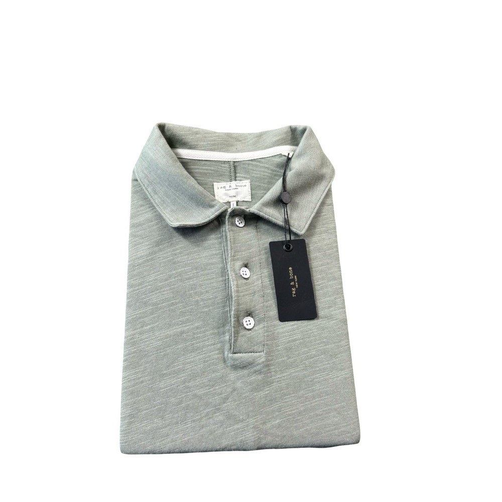Rag & Bone Green Classic Flame Cotton Metal Button Mens Polo Size M NWT